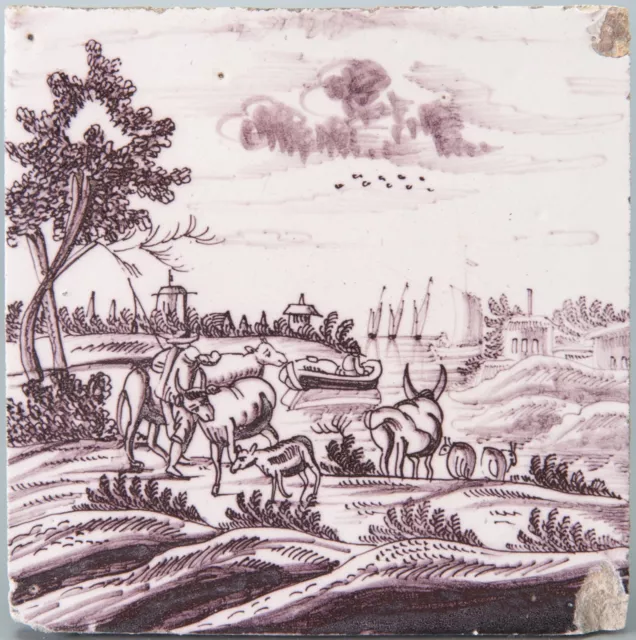 Nice Dutch Delft manganese open air tile, farmers in a landscape, 18th. century.