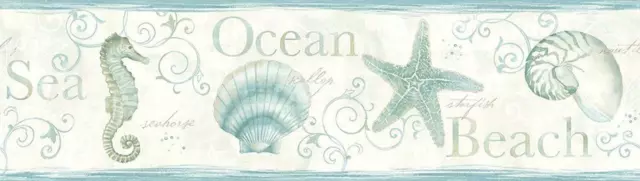 Wallpaper Border Coastal Island Bay Teal Seashells Ocean Beach Seahorse