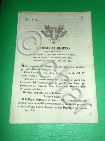 Decreto Regno Sardegna Torino Collegio Elettorale di Cairo 1848