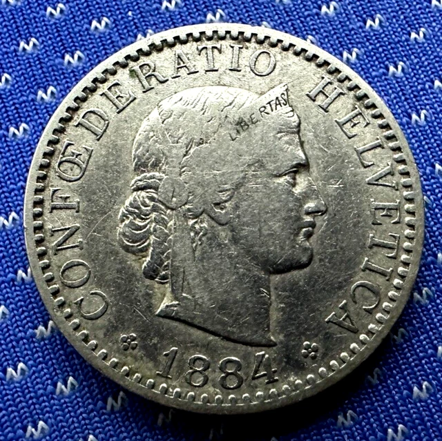 1884 Switzerland 20 Rappen Coin XF   ( 4 Million Minted )  World Coin #M579