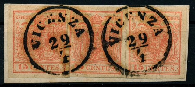LOMBARDEI-VENETIEN 1850 3*15C auf Briefstück, MP, Type III. VICENZA.