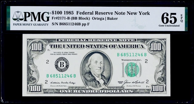 $100 1985 Federal Reserve Note New York Fr#2171-B PMG 65 EPQ Gem Uncirculated
