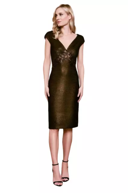 Tadashi Shoji Womens Expresso Brown Cap Sleeve V Neck Midi Cocktail Dress Sz S