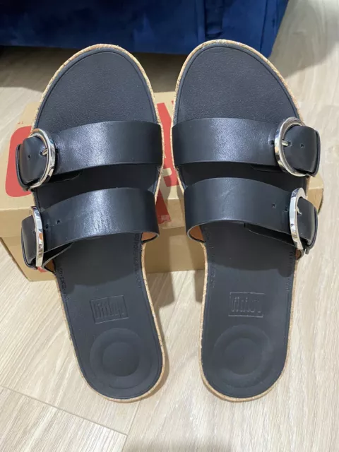Fitflop Uk 8 US 10 Black Duo Buckle Slide Sandals Slip On Wedges Leather