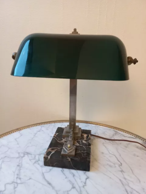 Lampe De Bureau Banquier Notair Art Déco Marbre Noir Opaline Vert