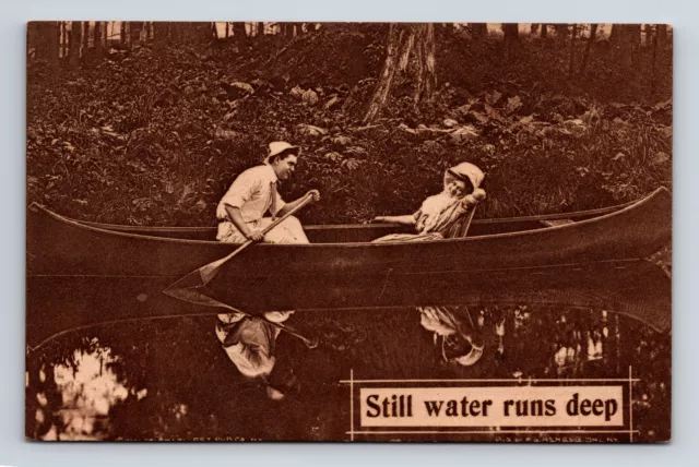 Romance Still Water Runs Deep Man Woman in Canoe Postcard