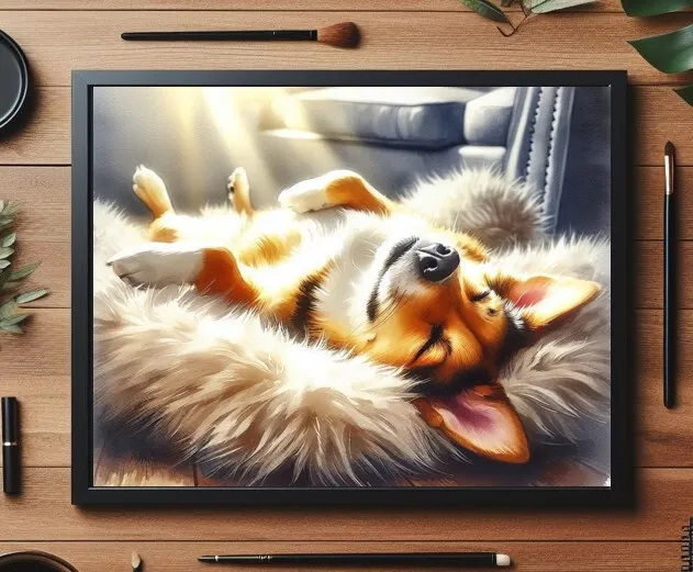 Cute Welsh Corgi puppy Dog sleeping on back in sun watercolor art