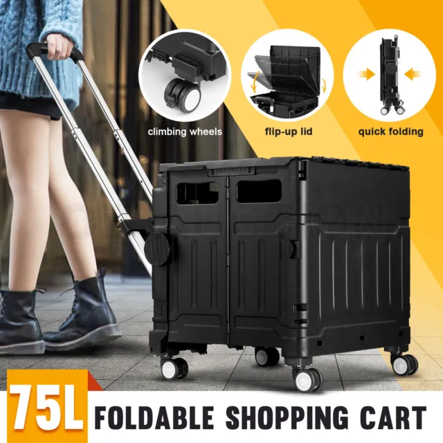 75L Shopping Trolley Cart Foldable Grocery Utility Storage Crate Rolling Basket