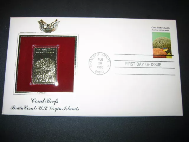1980 CORAL BRAIN REEF US VIRGIN ISLANDS 22kt Gold GOLDEN Cover replica STAMP