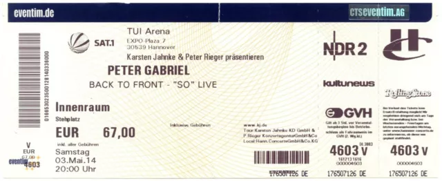 Peter Gabriel - Bach To Front "SO" - Altes Konzert-Ticket - Hannover 03.05.2014