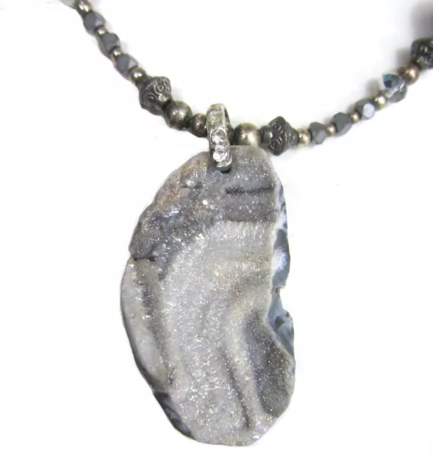 NATURAL CHALCEDONY ROCK Necklace Gray Druzy Geode Bead Quartz Agate ...