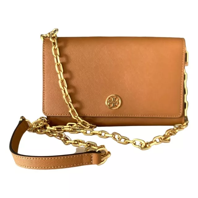 Tory Burch  Mercer wallet on Chain WOC cognac brown gold logo crossbody purse