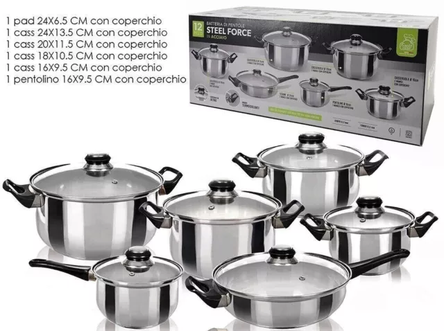 BATTERIA DI PENTOLE SET 12 PZ con Coperchio Pentole padelle acciaio cucina