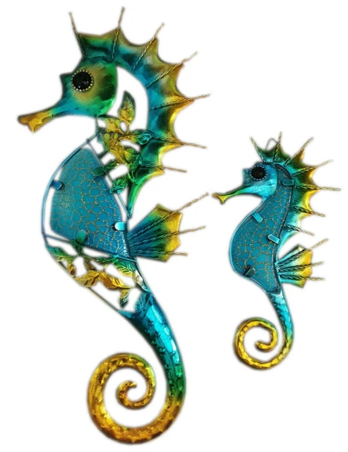 Stunning Glass & Metal Green Turquoise & Gold Seahorse Plaque 2 Sizes Home Decor