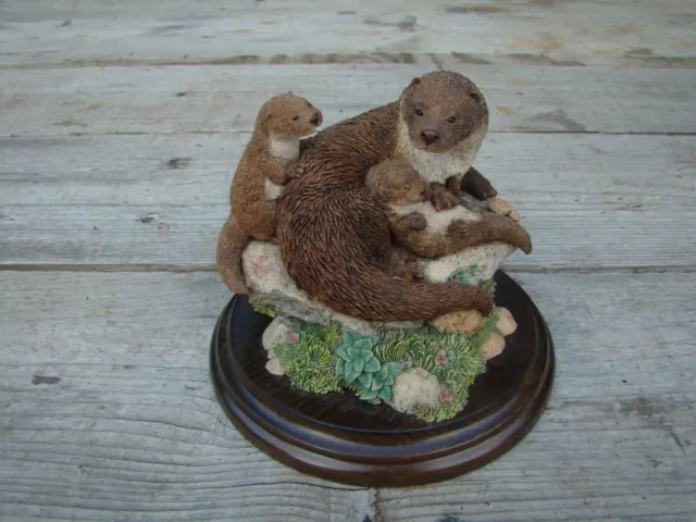 Royal Doulton Hand Made Sculpture Otter Family On Wooden Base Otter