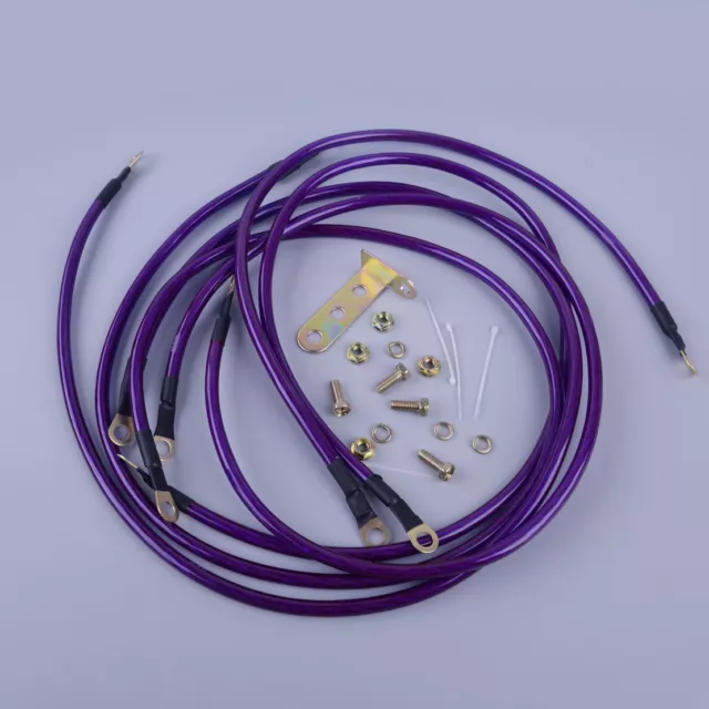 Purple Universal 5 Point Grounding Kit Earth Ground Wire Car Cable Performance