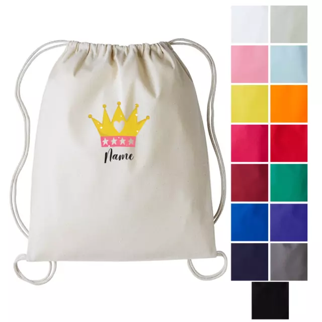 Personalised Royal Crown PE Bag Any Name Kids Drawstring Gymsac Swimming Sport