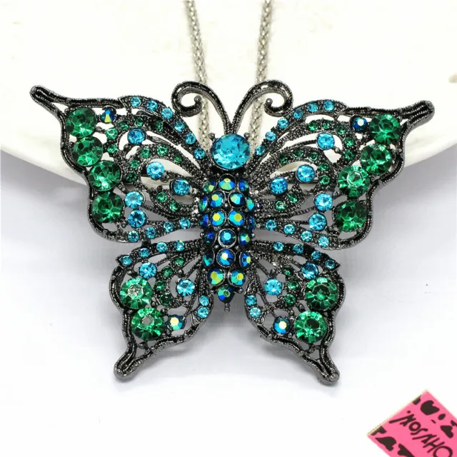 New Betsey Johnson Bling Blue AB Rhinestone Butterfly Crystal Pendant  Necklace