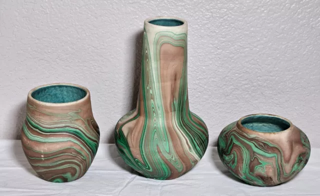 3 Vtg Garden of the Gods Colorado Green Brown Swirl Pottery Vases 8.5", 4", 2.5"