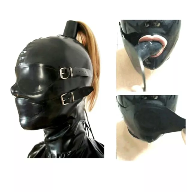 Latex Rubber Mask Hood Removable Eyes mouth with Gold Hairpiece Catsuit Mask UK