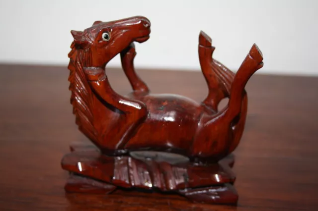 Vintage Chinese Hand Carved Wood Playing Horse Figurine Statue