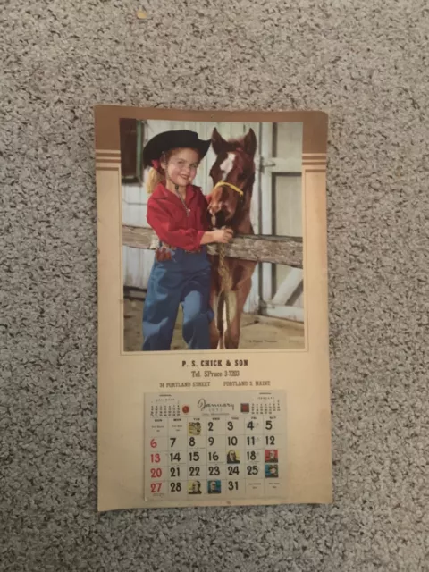 1957 P S Chick & Son Portland Maine History CALENDAR 67th Birthday Girl & Horse