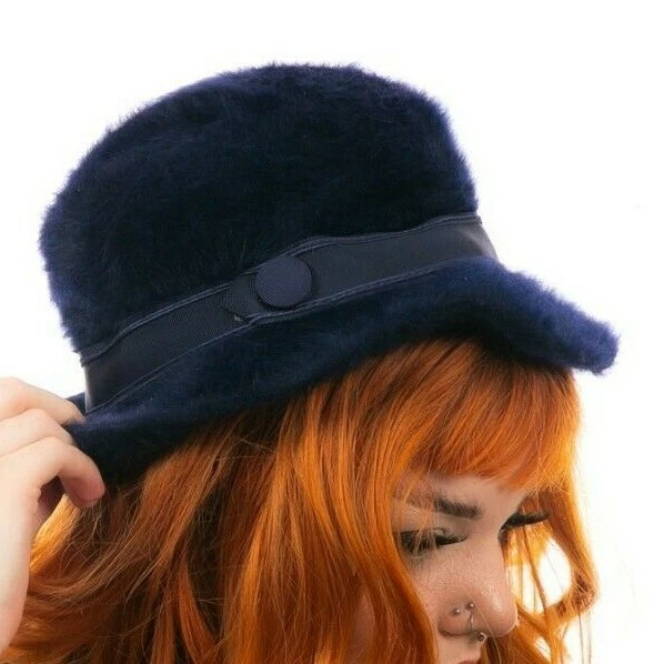 Cappello Trilby vintage blu navy con bottoni a nastro di Kangol Jennifer taglia small