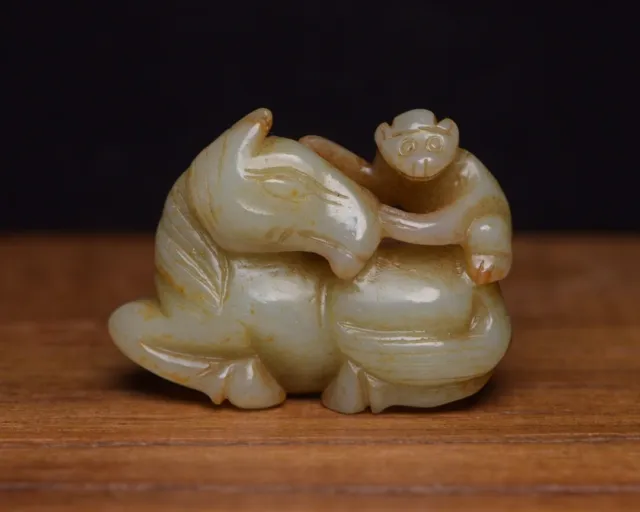 Chinese Natural Hetian Jade Carved Exquisite Monkey Horse Statue Figurines Art