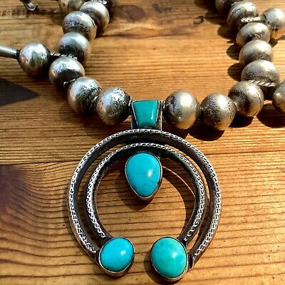 1910s Turquoise Silver Squash Blossom Necklace Naja Navajo Bench Heavy Barber