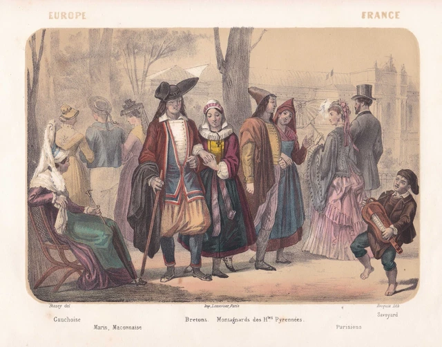 1840 Francia Paris Mâconnais Savoie Bretagne Normandía Costumes Litografía