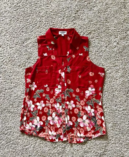 Express Floral Portofino Sleeveless Button Down Blouse Red Medium Top Shirt