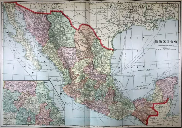 Old (Lg14x22) 1904 Cram's Atlas Map ~ MEXICO ~ Free S&H ~Inv#296