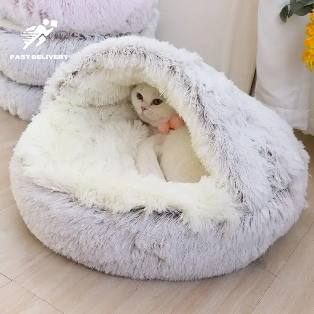 Cat Bed Cave Round Plush Fluffy Hooded Donut Self Warming Pet