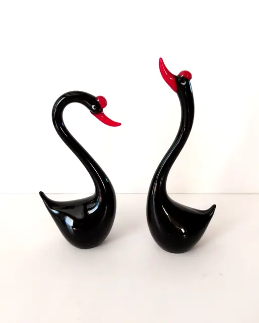 Art Glass Black Swans Birds Paperweight Black and Red Figurines Birds - Set of 2
