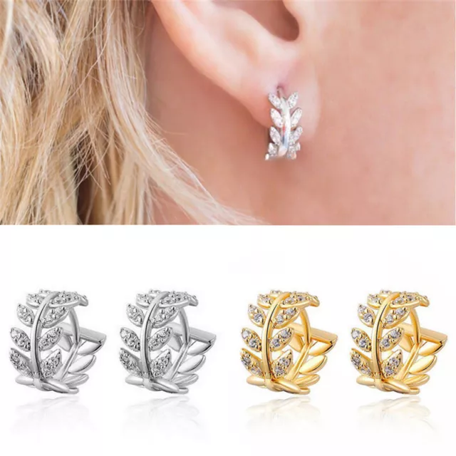 Fashion Women Leaf Crystal Hoops Earrings Dangle Rhinestone Ear Studs Earrings