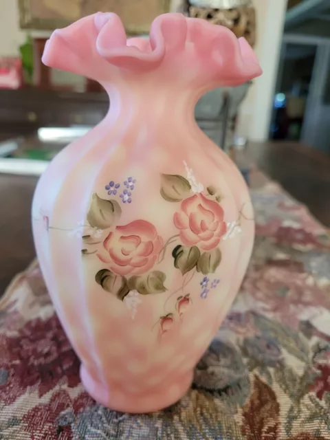 Fenton 7" Burmese Diamond Optic Rose Vase Hand Painted