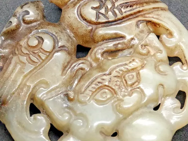 Ancien Pendentif Sculpture Dragon et Phénix Oiseau de Jade Hetian Chinois...