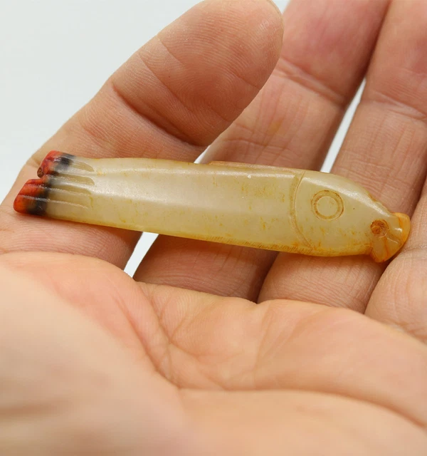Collection ,-carved Chinese HeTian white jade fish amulet pendant D602