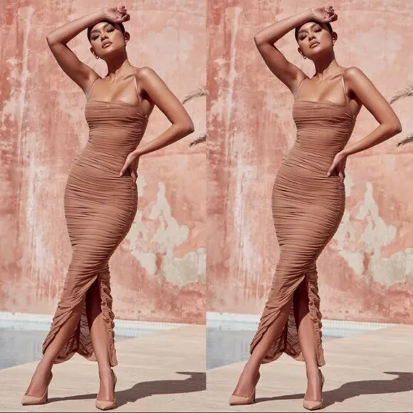 Tan organza hotsell mesh maxi dress