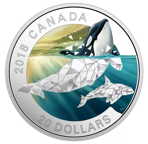 2018 $20 Fine Silver Coin: Geometric Fauna: Orcas - 99.99% Pure Silver - COA
