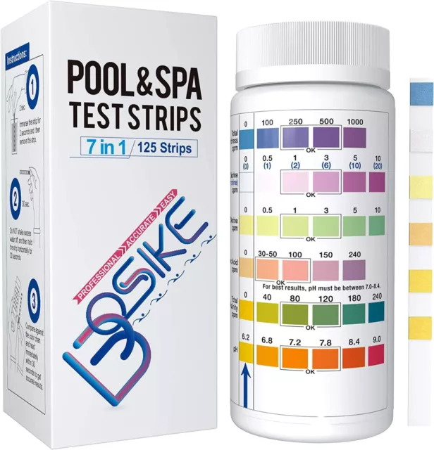 BOSIKE 7 in 1 Test pH e Cloro per Piscina - 125 Strisce Test kit per Controllo d