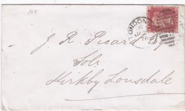 1876 QV FINE 1d PENNY RED STAMP PLATE 168 ON LONDON COVER TO KIRKBY LONSDALE
