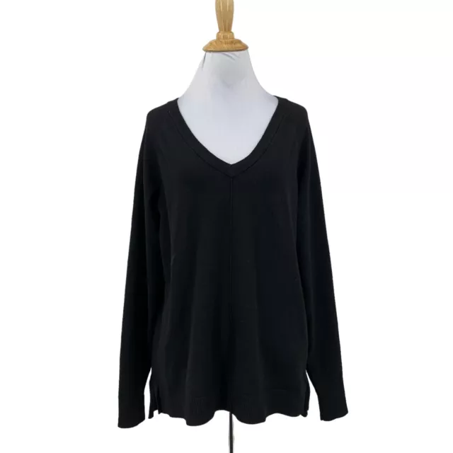 Bobeau V Neck Knit Sweater Womens M Medium Black Long Sleeve Stretch Pullover