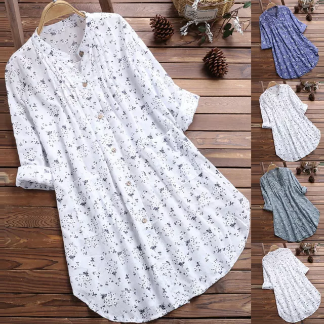 Plus Size Womens Cotton Linen Long Tops T-Shirt Casual Baggy Tunic Blouse Dress