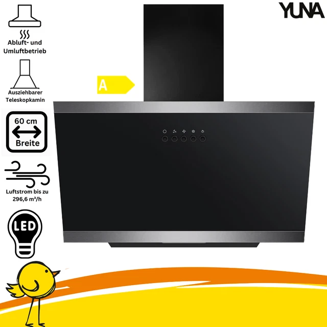 Produktbild von 60cm Abzugshaube YUNA Dunstabzugshaube DUANA 60cm - Schwarze Glasfront, 47W Power, Abluft & Umluft, Energieklasse A Klebefliesen Küche