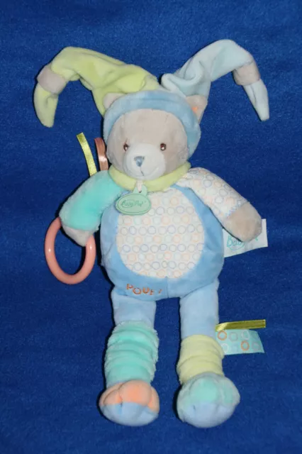 Babynat Baby Nat Doudou Chat Pantin Activite Nino Bleu Vert Anneau Pouet Kom9