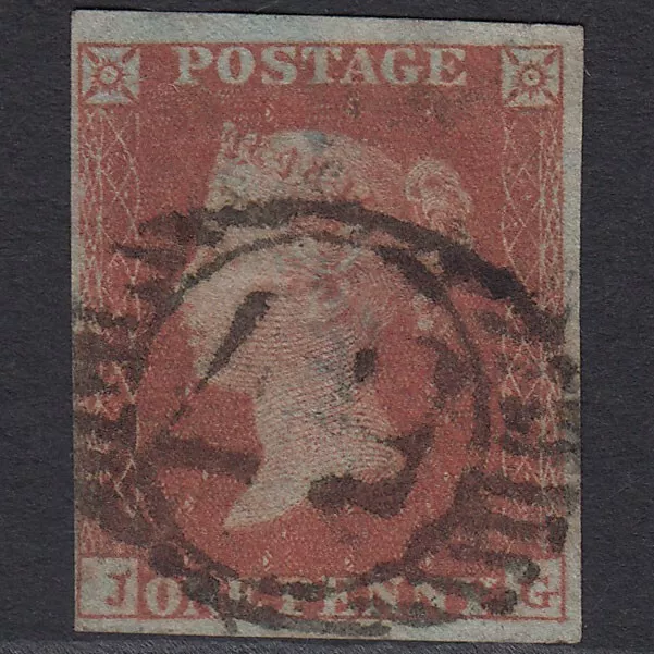S12_22 GB QV 1841 1d RED-BROWN PLATE 128 SG8-B1(1) JG FU 4 MARGINS LONDON D&S 57