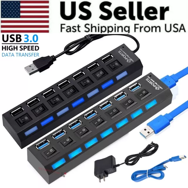 7 Port USB Hub 2 3.0 ON/Off Switch Powered High Speed Splitter Extender Adapter