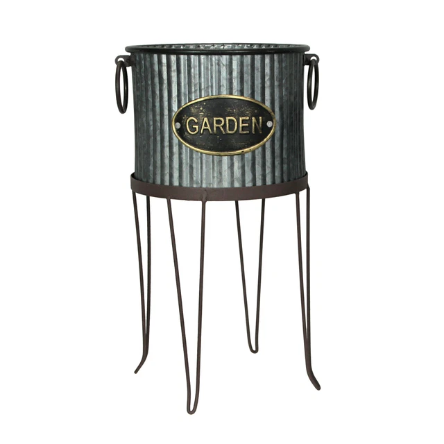 Galvanized Gray Metal Round Flower Pot Indoor Outdoor Garden Planter with Stand