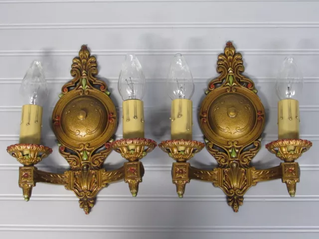 Vintage Antique Pair Art Deco Polychrome Wall Sconces 11 3/4" T Rewired UL